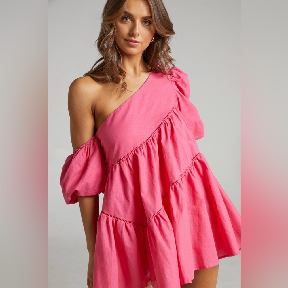 SHOWPO. HARLEEN MINI DRESS - LINEN LOOK ASYMMETRICAL TRIM PUFF SLEEVE DRESS